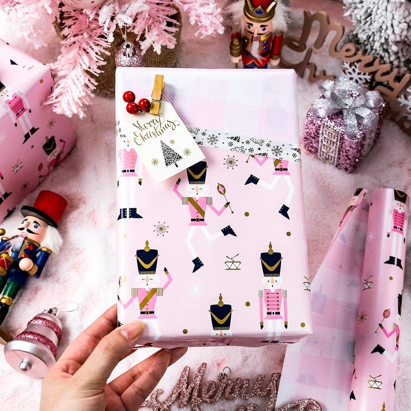 Yarcony Reversible Nutcracker Wrapping Paper, Pink Christmas Wrapping Paper, Pastel Pearly-Lustre Nutcracker and Plaid Design Christmas Gift Wrap for Holiday, Party (Mini Roll, 17 Inch X 33 Feet) - Image 2